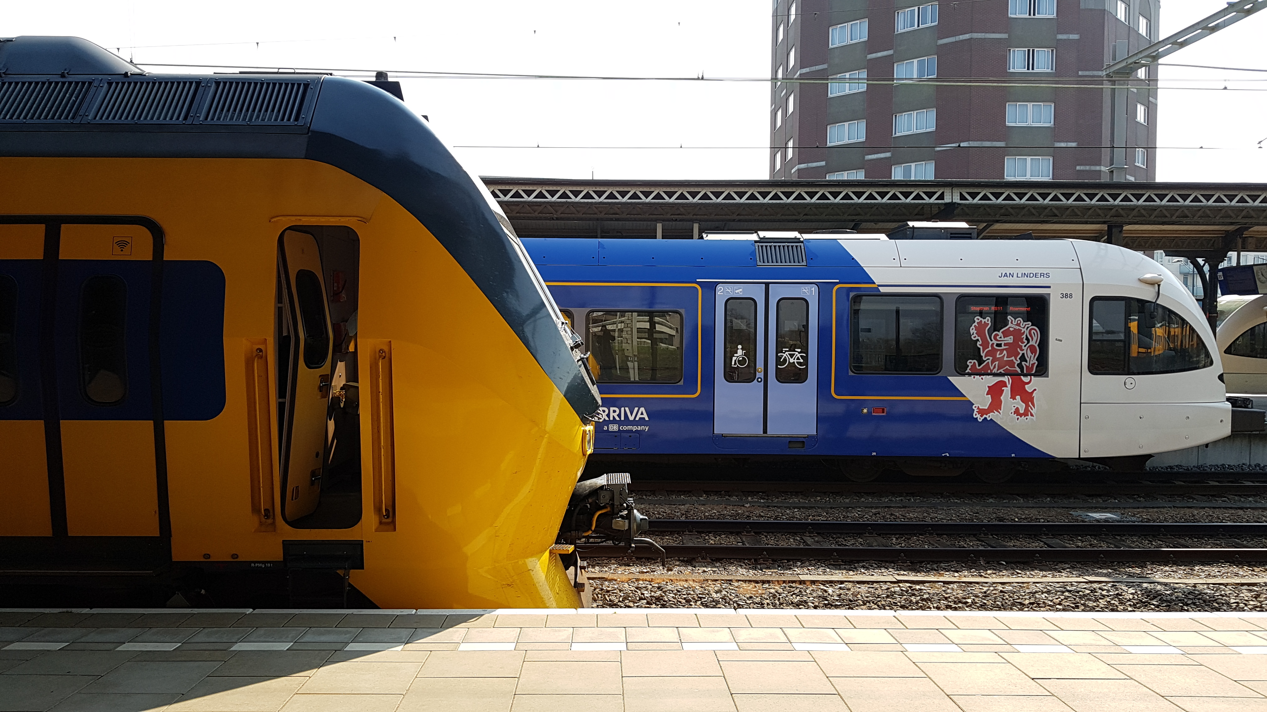 NS-trein en Arriva-trein halteren op Nijmegen