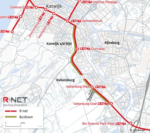 Plattegrond van vrije busbaan tussen Leiden en Katwijk. Foto: Provincie Zuid-Holland