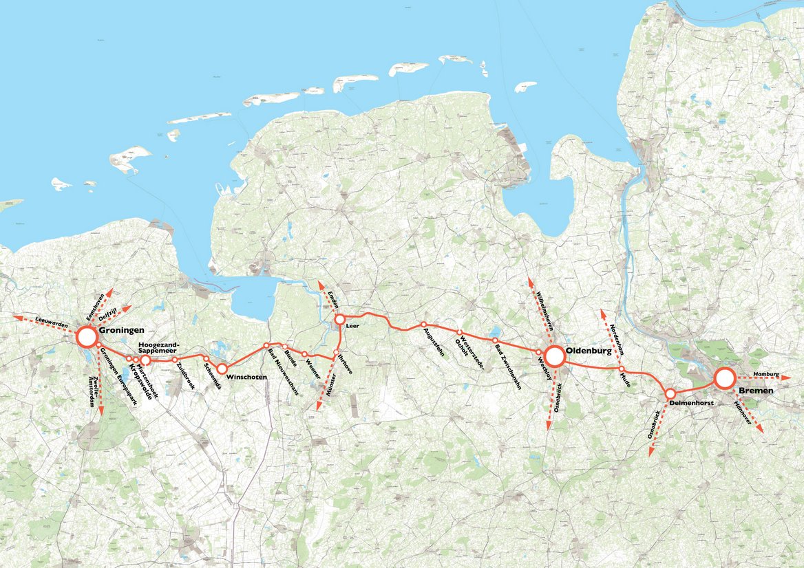 Kaart van de Wunderlinetussen Groningen en Bremen.